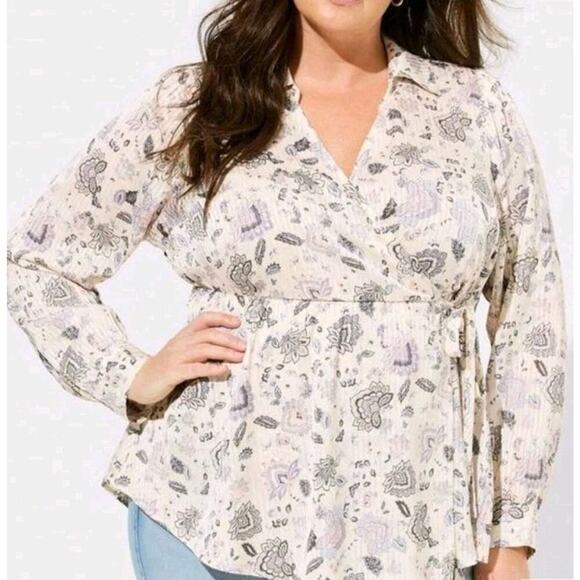 TORRID Fortune Paisley Dew Striped Satin Collared Surplice Blouse 2 (18-20) Boho - Picture 1 of 7